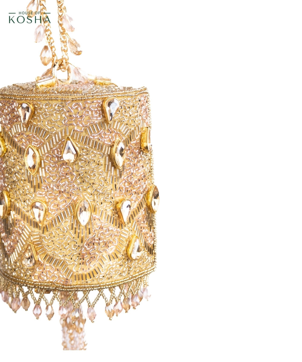 Rania Gold & Pink  Georgette Embellished Cylinder Mini Bag