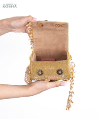 Rania Gold & Pink  Georgette Embellished Cylinder Mini Bag