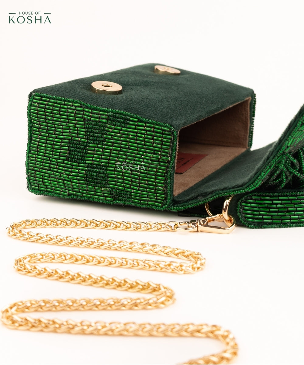 Bushra Green Suede Handcrafted Box Bag