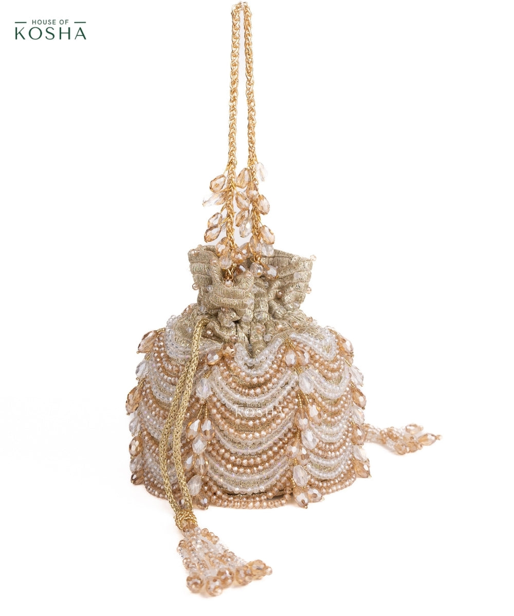 Gulzar Gold & Silver Georgette Embellished Bucket Bag
