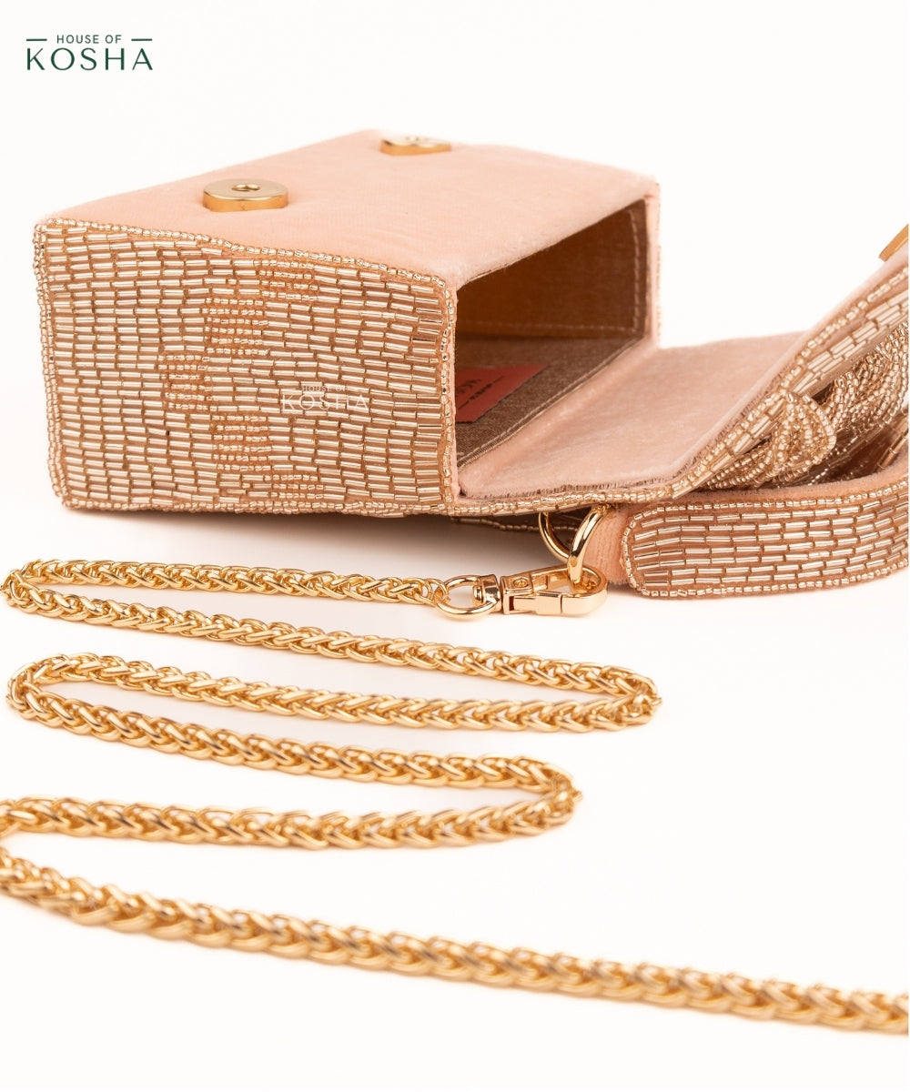 Bushra Rose Gold Suede Handcrafted Box Bag