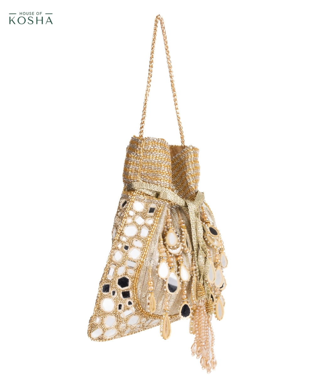 Noorah Gold Georgette Mirror Handcrafted Potli