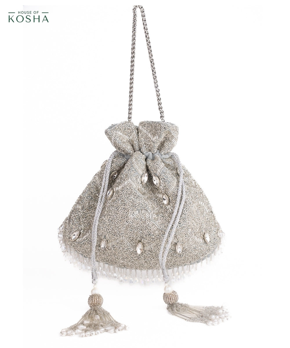 Sunheri Silver Georgette Embellished Potli