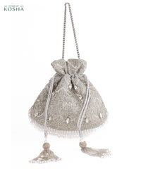 Sunheri Silver Georgette Embellished Potli