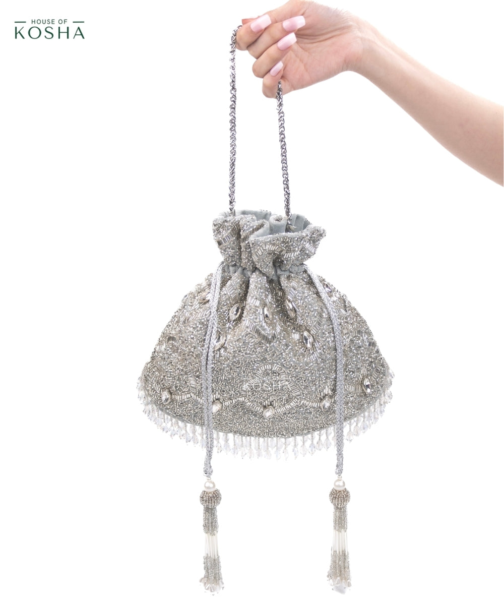 Sunheri Silver Georgette Embellished Potli
