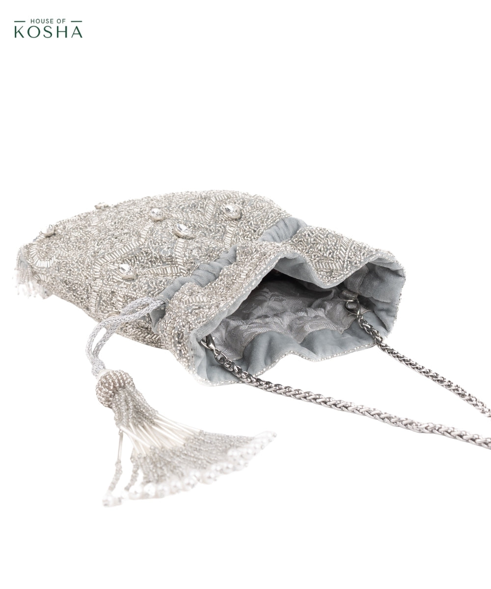 Sunheri Silver Georgette Embellished Potli