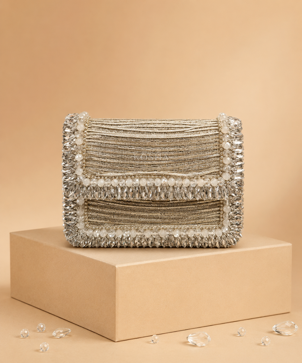 Elif Silver Georgette Embellished Mini Bag