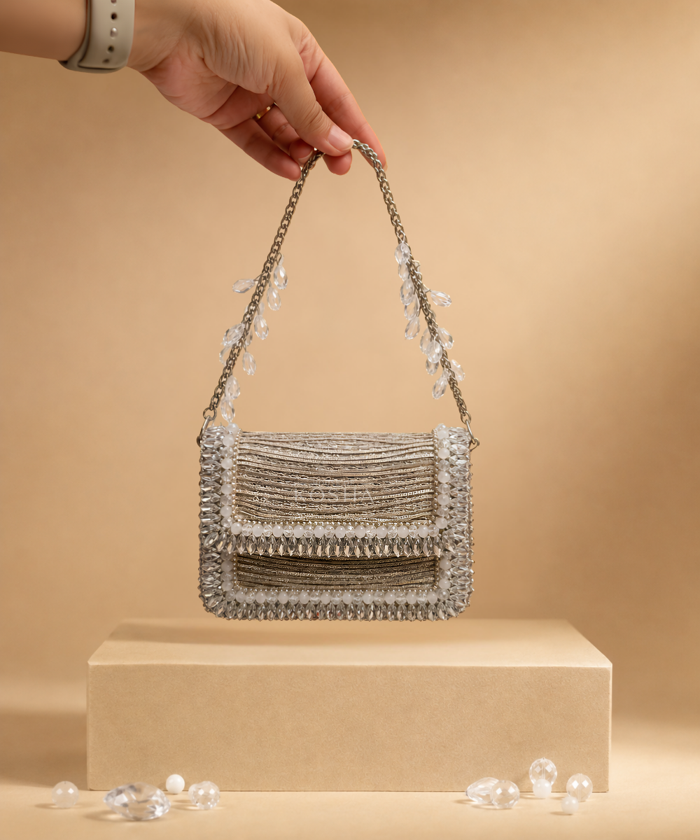 Elif Silver Georgette Embellished Mini Bag
