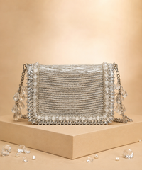 Elif Silver Georgette Embellished Mini Bag