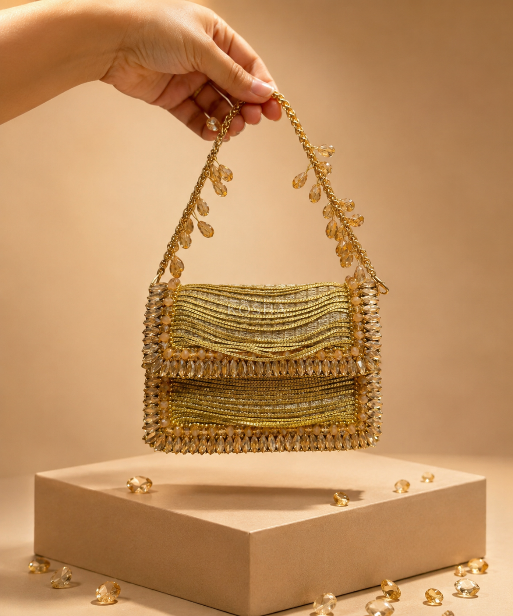 Elif Gold Georgette Embellished Mini Bag