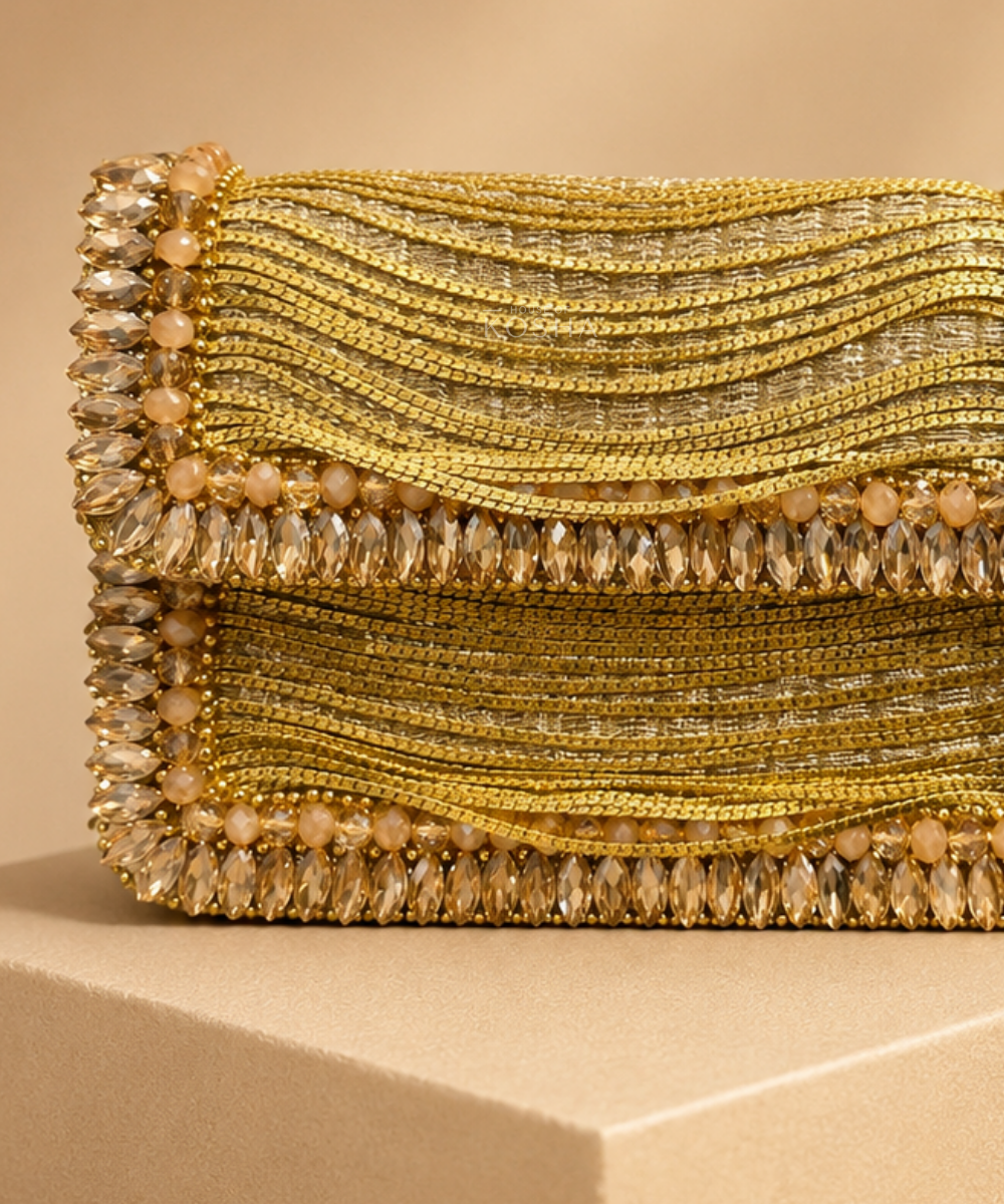 Elif Gold Georgette Embellished Mini Bag