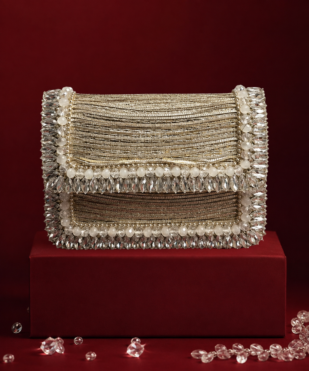 Elif Silver Georgette Embellished Clutch