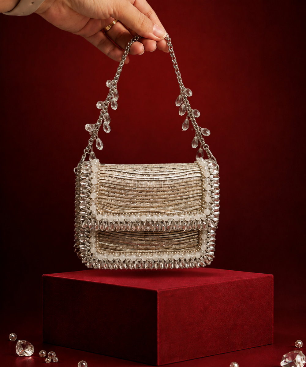 Elif Silver Georgette Embellished Clutch