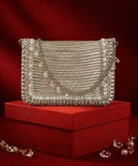 Elif Silver Georgette Embellished Clutch