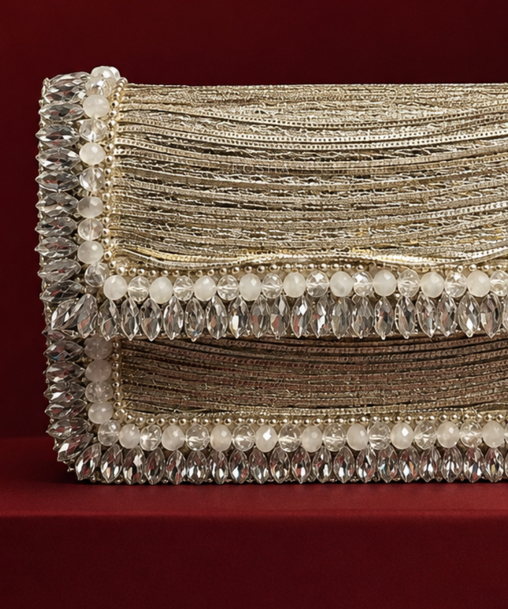 Elif Silver Georgette Embellished Clutch