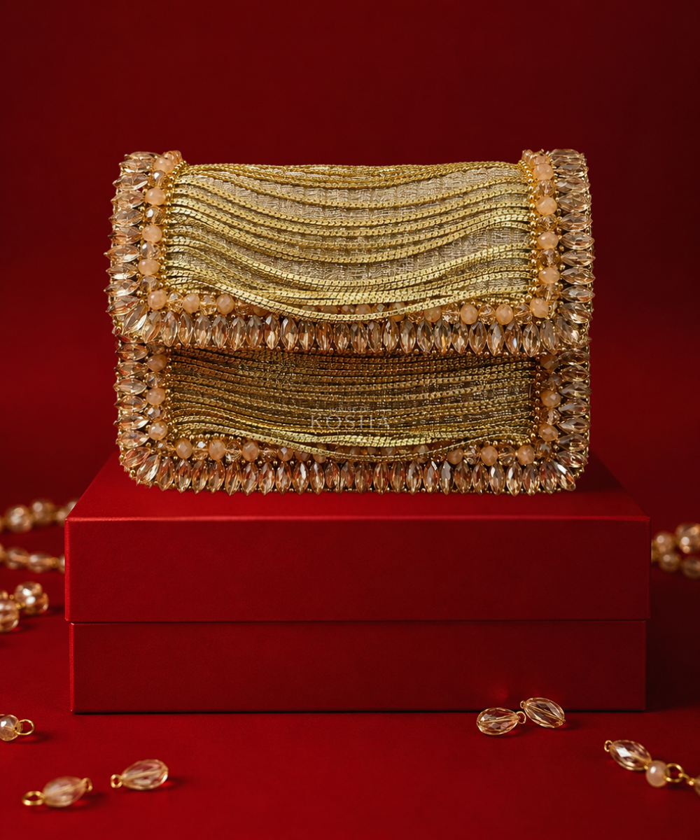 Elif Gold Georgette Embellished Clutch