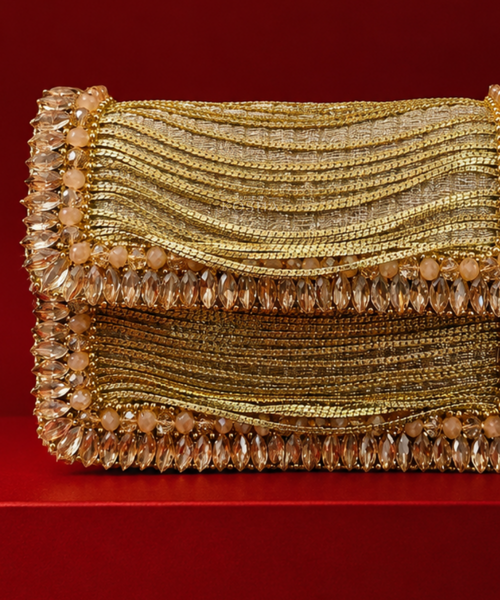 Elif Gold Georgette Embellished Clutch