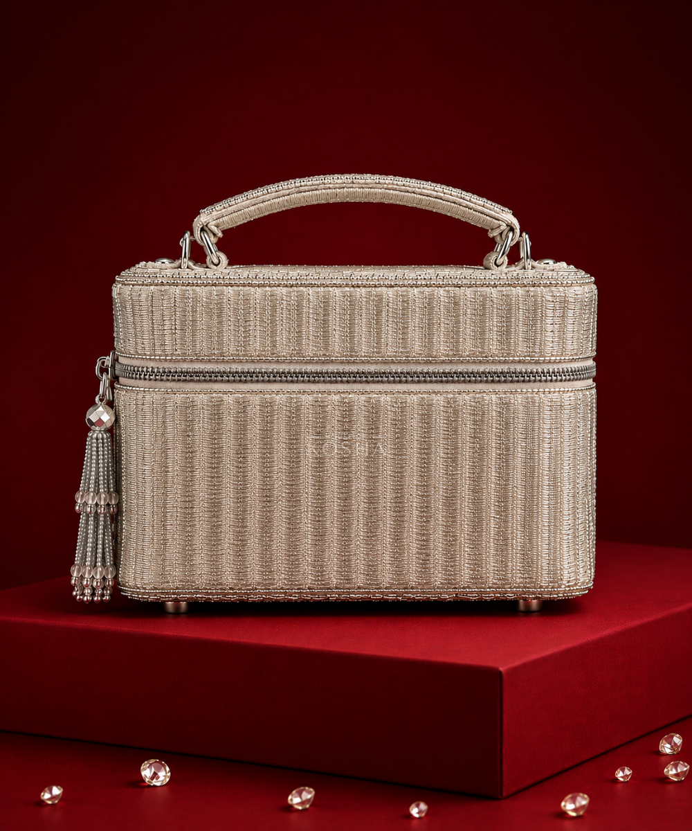 Cally Silver Suede Embroidered Vanity Bag
