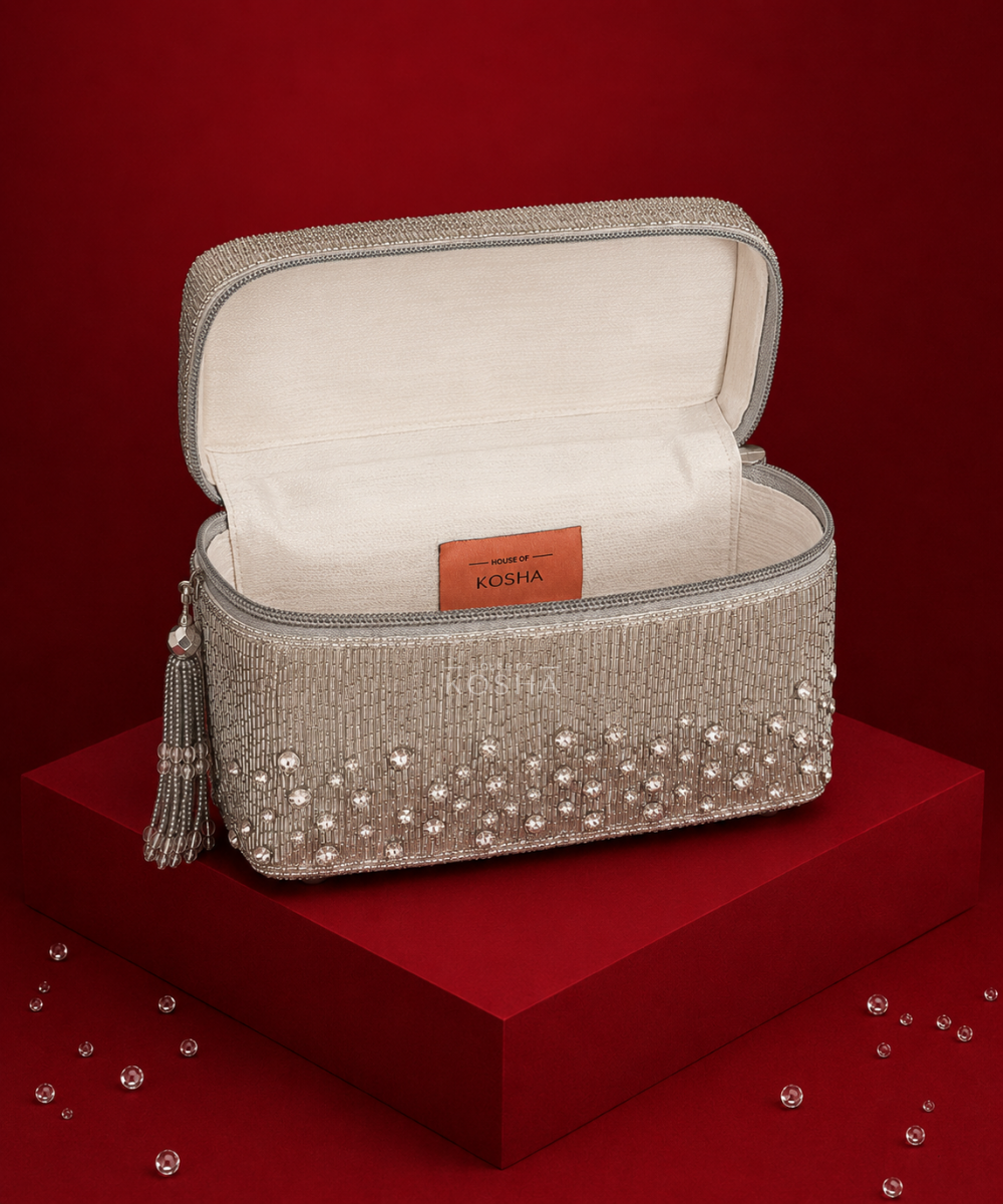 Cally Silver Suede Embroidered Vanity Bag