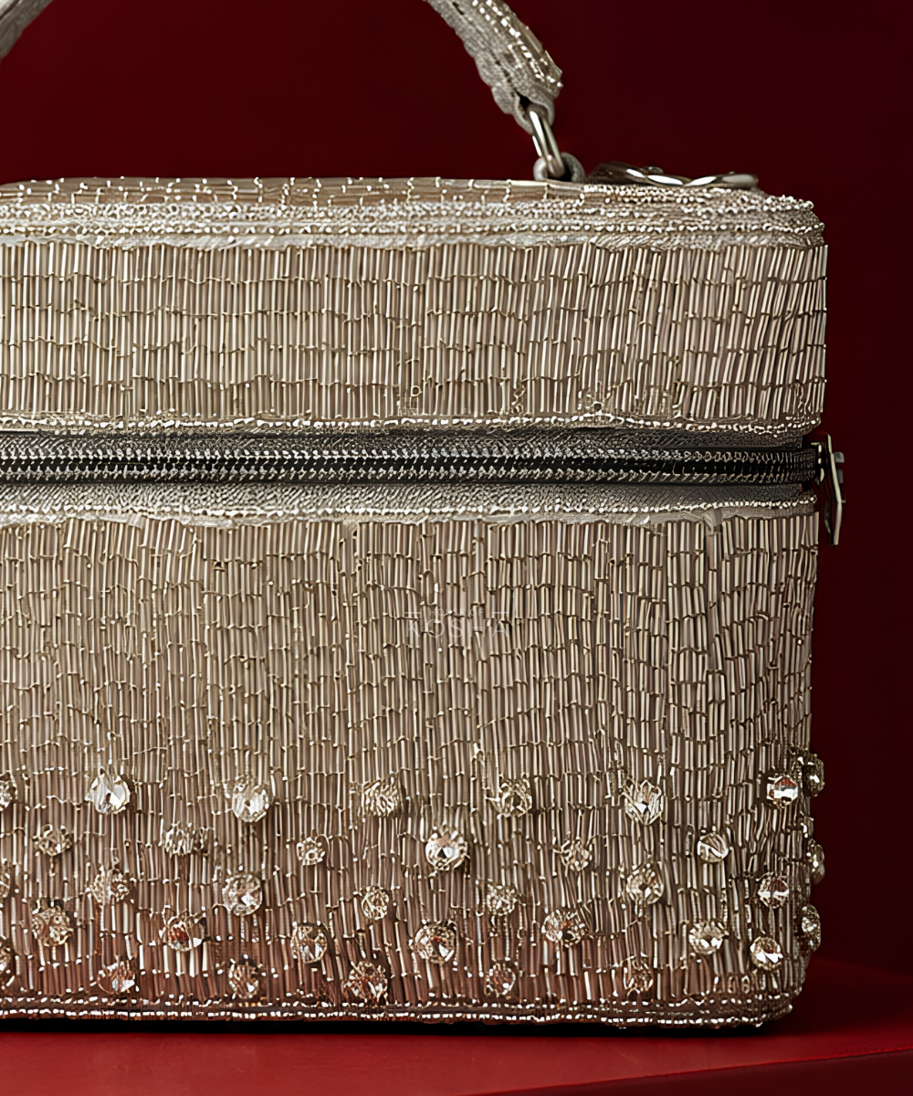 Cally Silver Suede Embroidered Vanity Bag