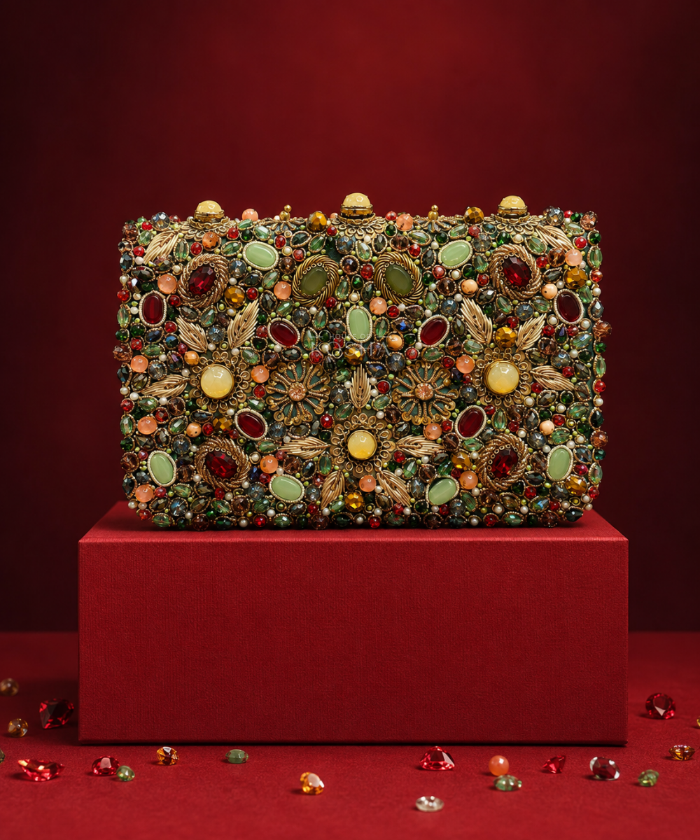 Noorani Multicolor Suede Embellished Clutch