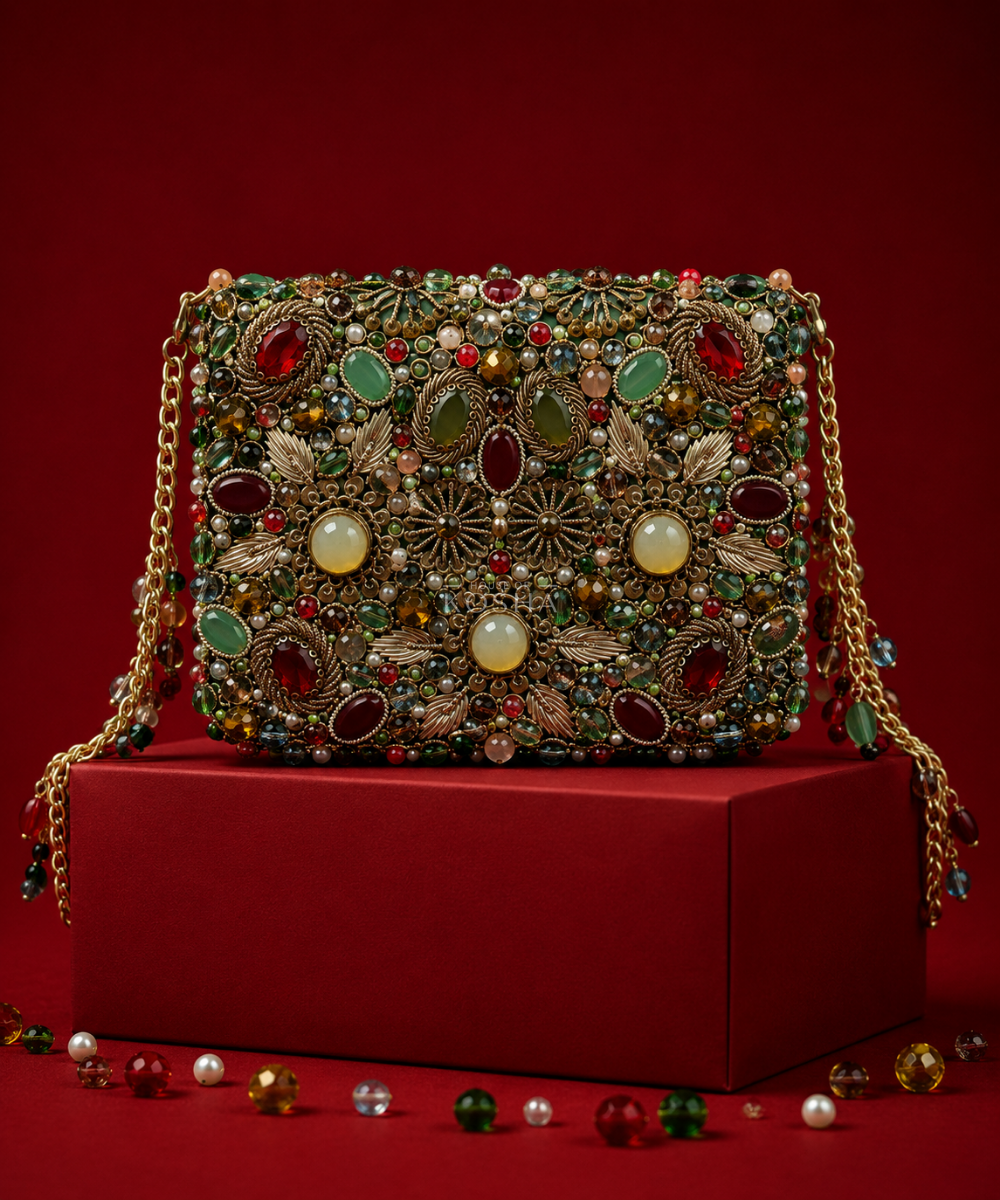 Noorani Multicolor Suede Embellished Clutch