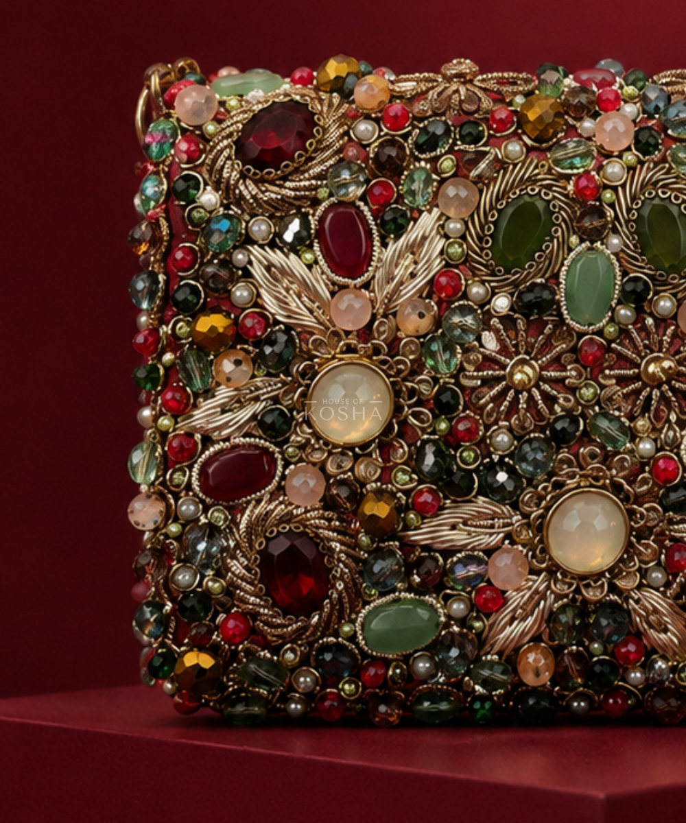 Noorani Multicolor Suede Embellished Clutch