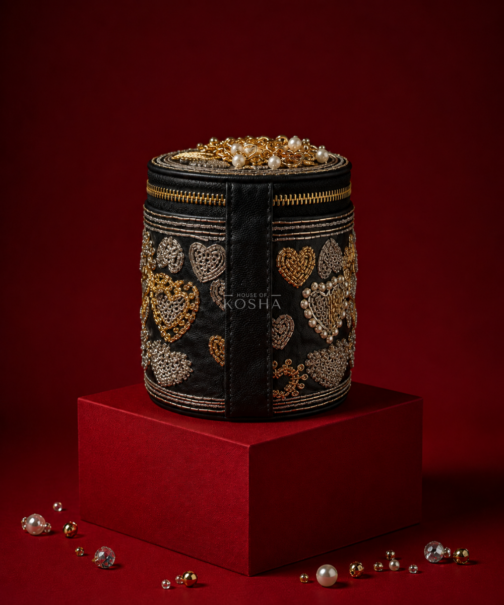 Malika Black Leather Embroidered Cylinder Mini Bag