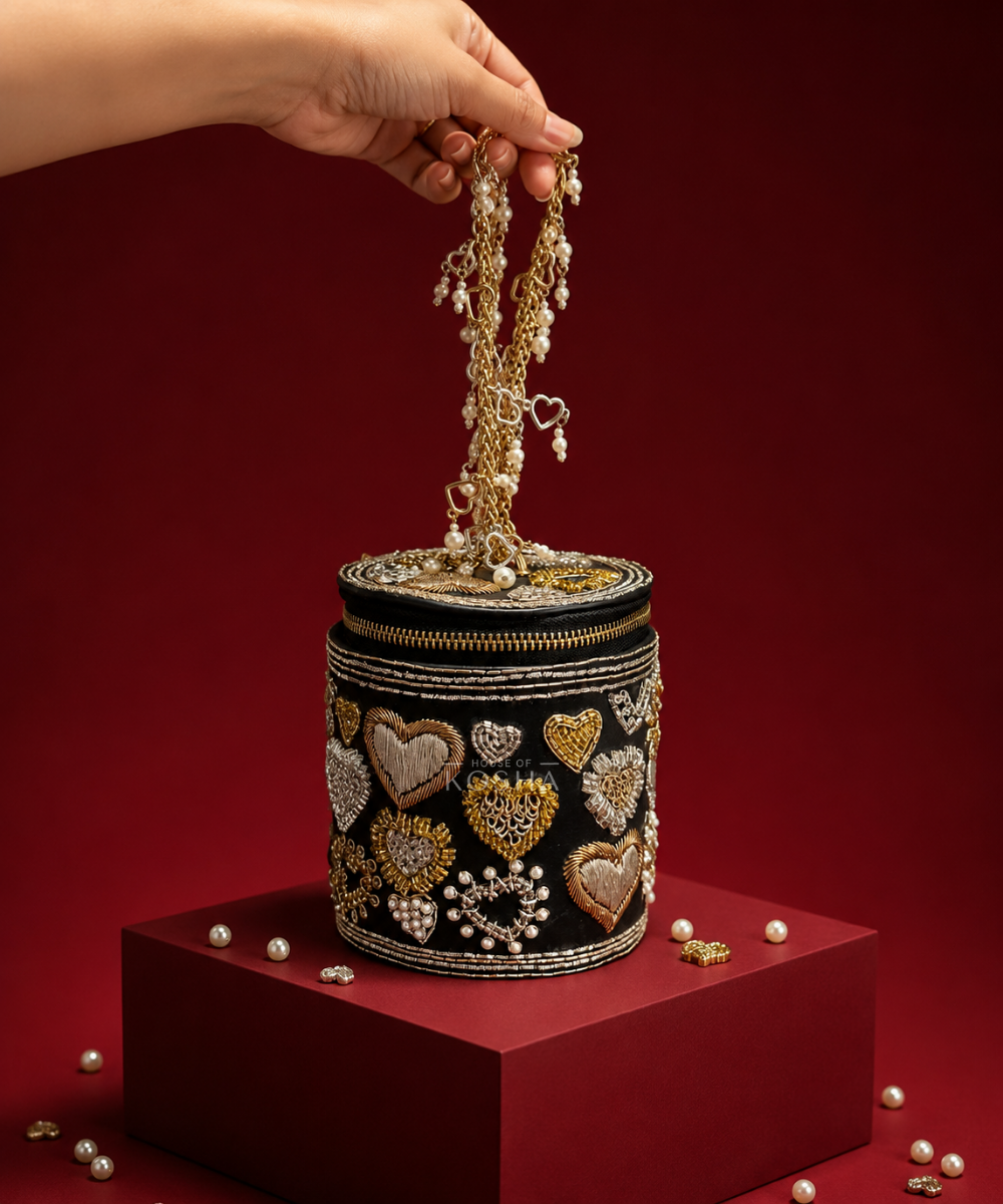 Malika Black Leather Embroidered Cylinder Mini Bag