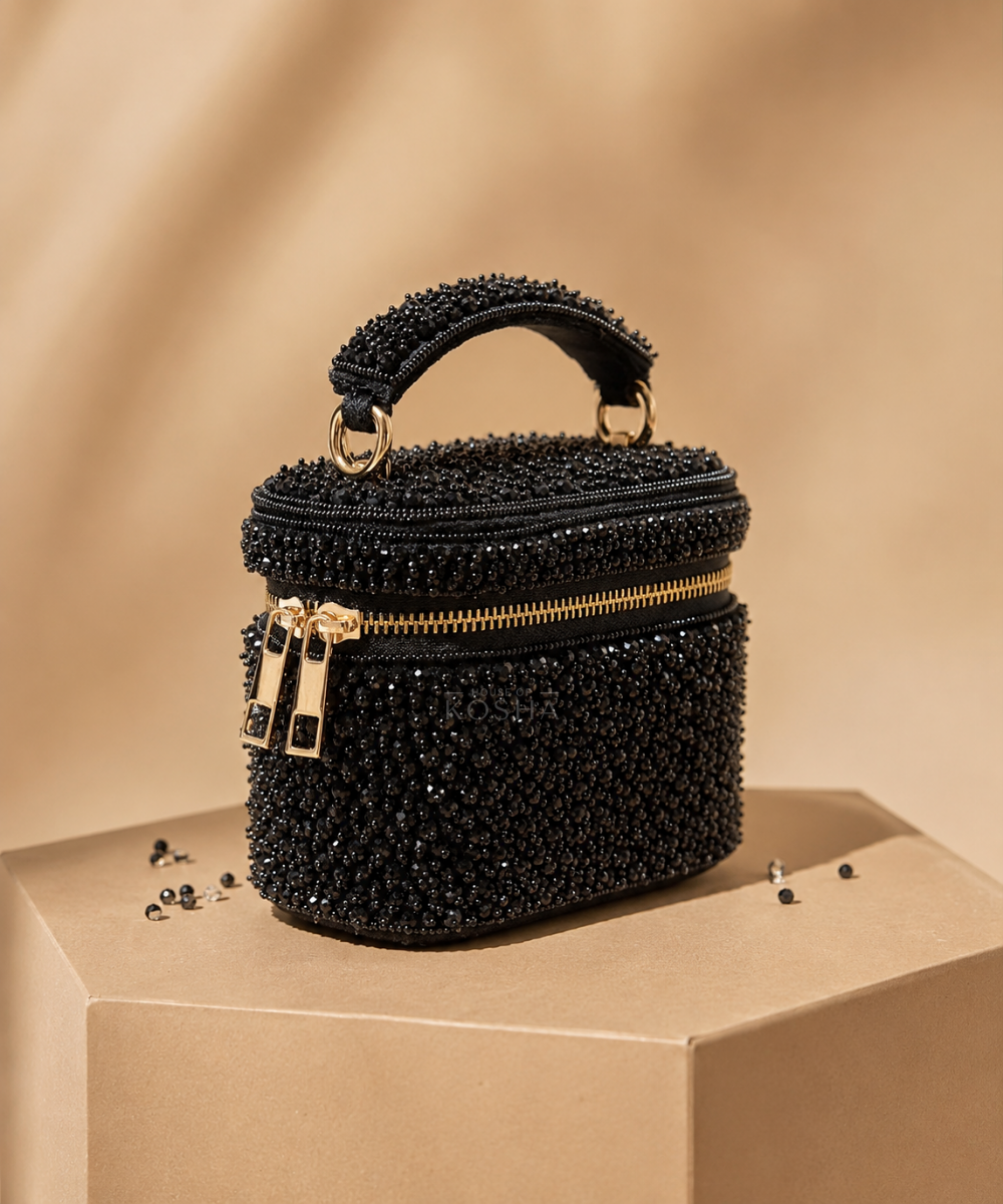 Ziya Black Suede Embroidered Vanity Bag