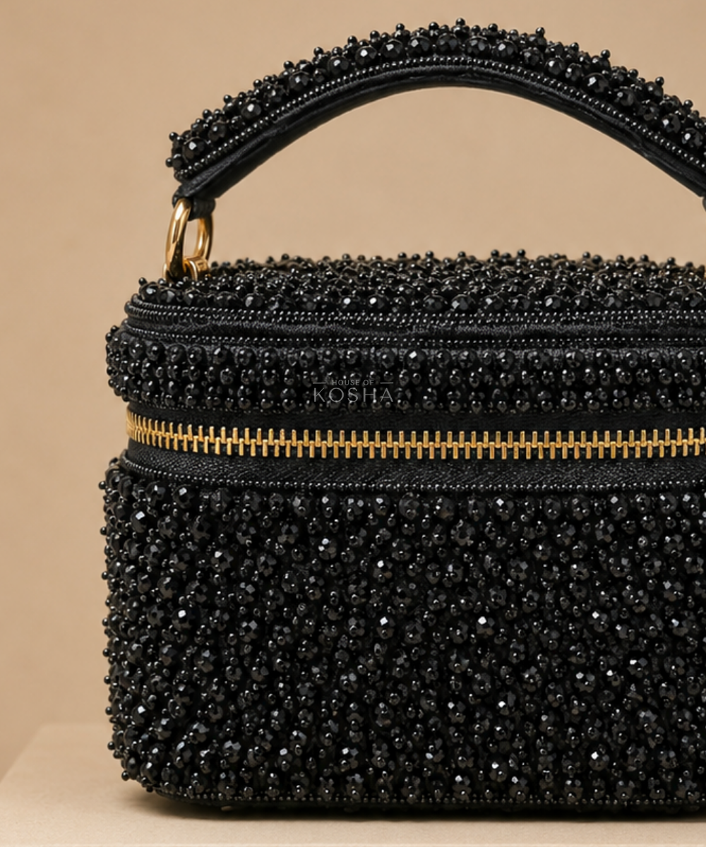 Ziya Black Suede Embroidered Vanity Bag