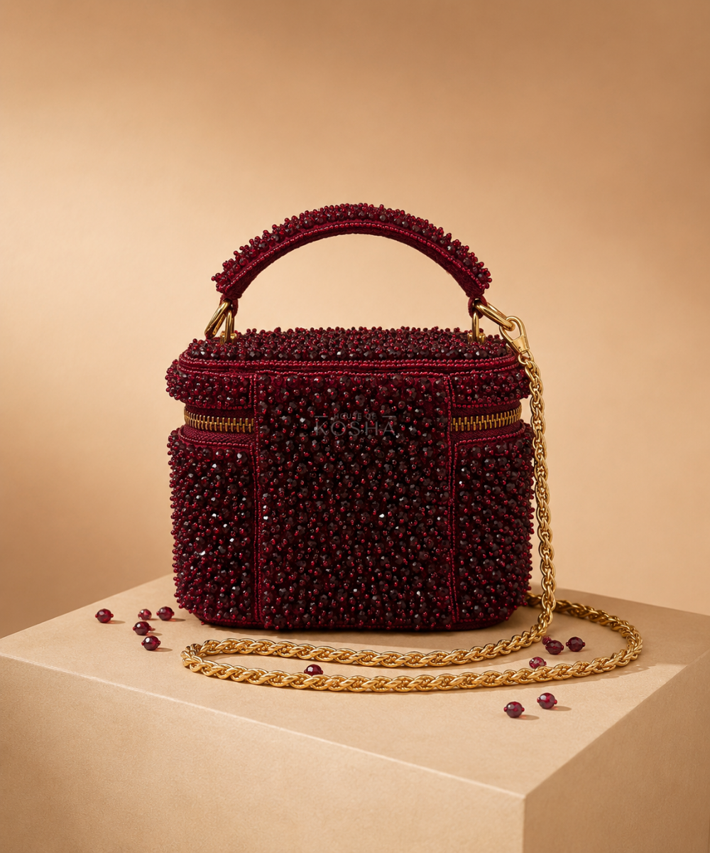 Ziya Maroon Suede Embroidered Vanity Bag