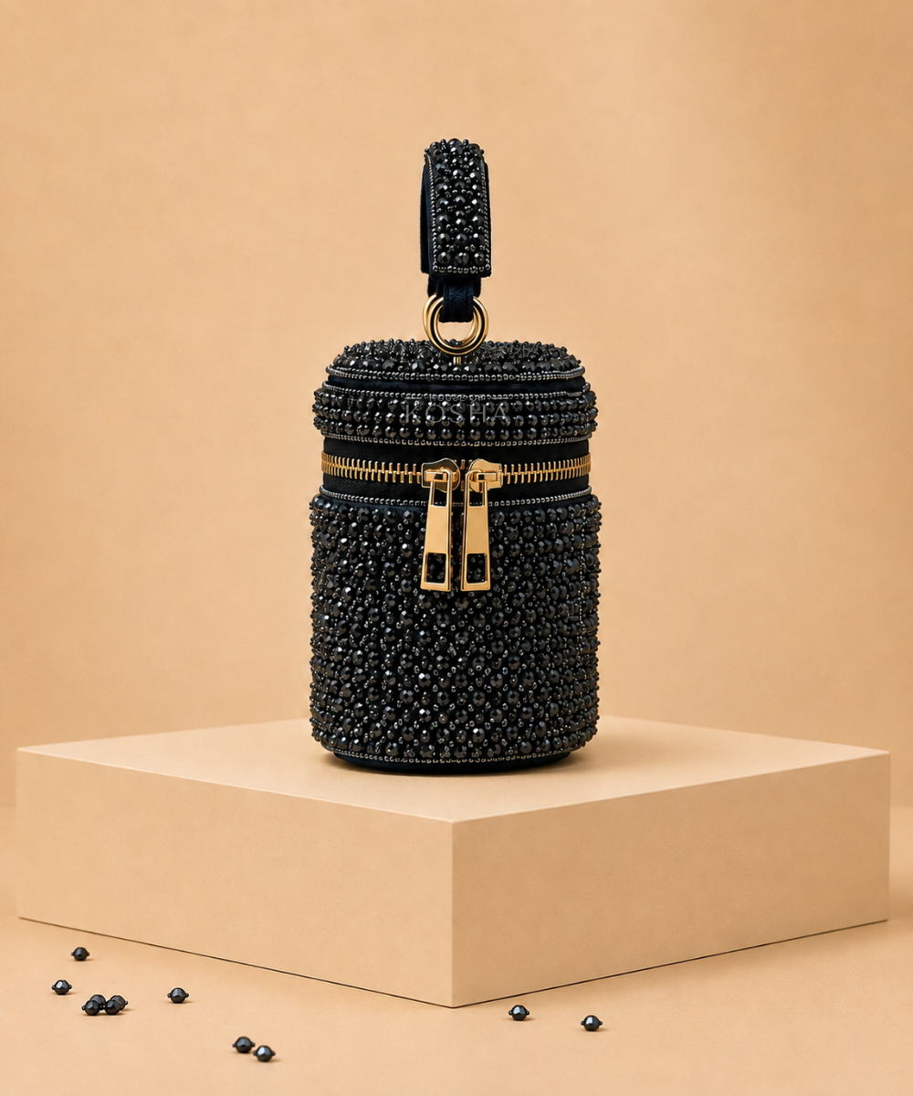 Ziya Navy Blue Suede Embroidered Vanity Bag