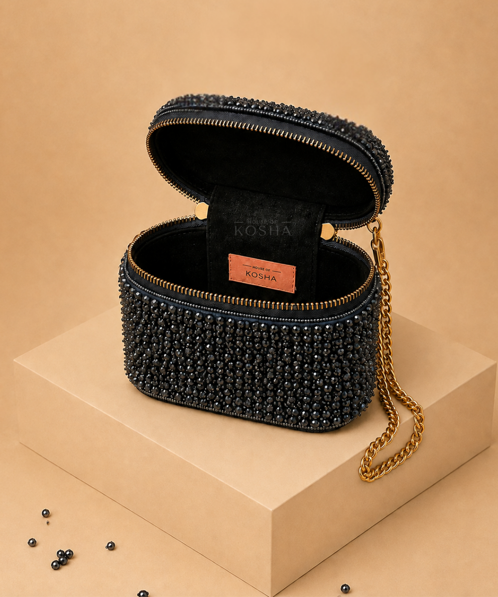 Ziya Navy Blue Suede Embroidered Vanity Bag