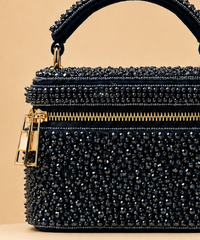 Ziya Navy Blue Suede Embroidered Vanity Bag