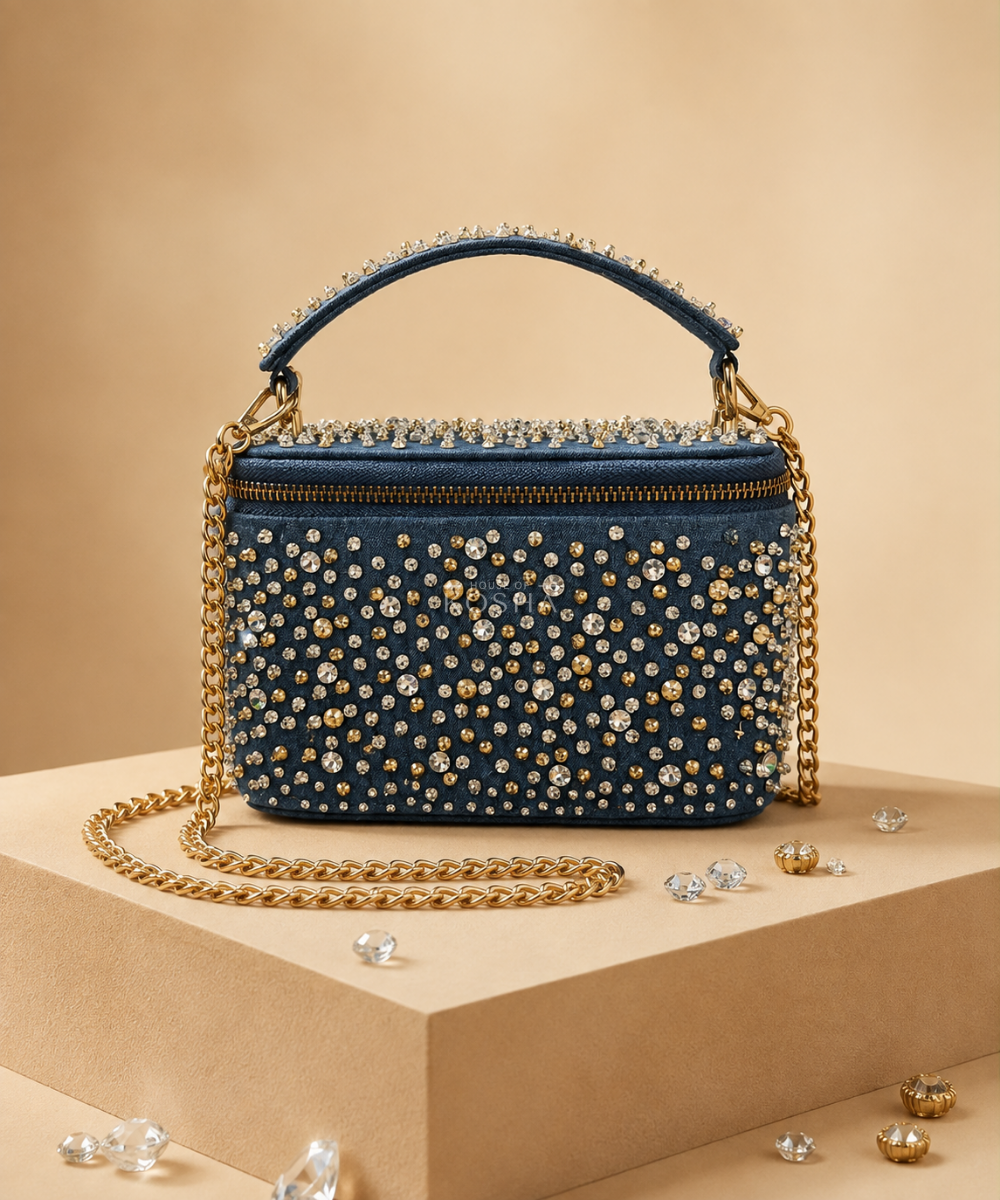 Inaya Gold & Silver Denim Embroidered Vanity Bag