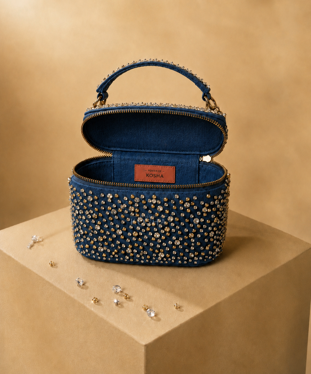 Inaya Gold & Silver Denim Embroidered Vanity Bag