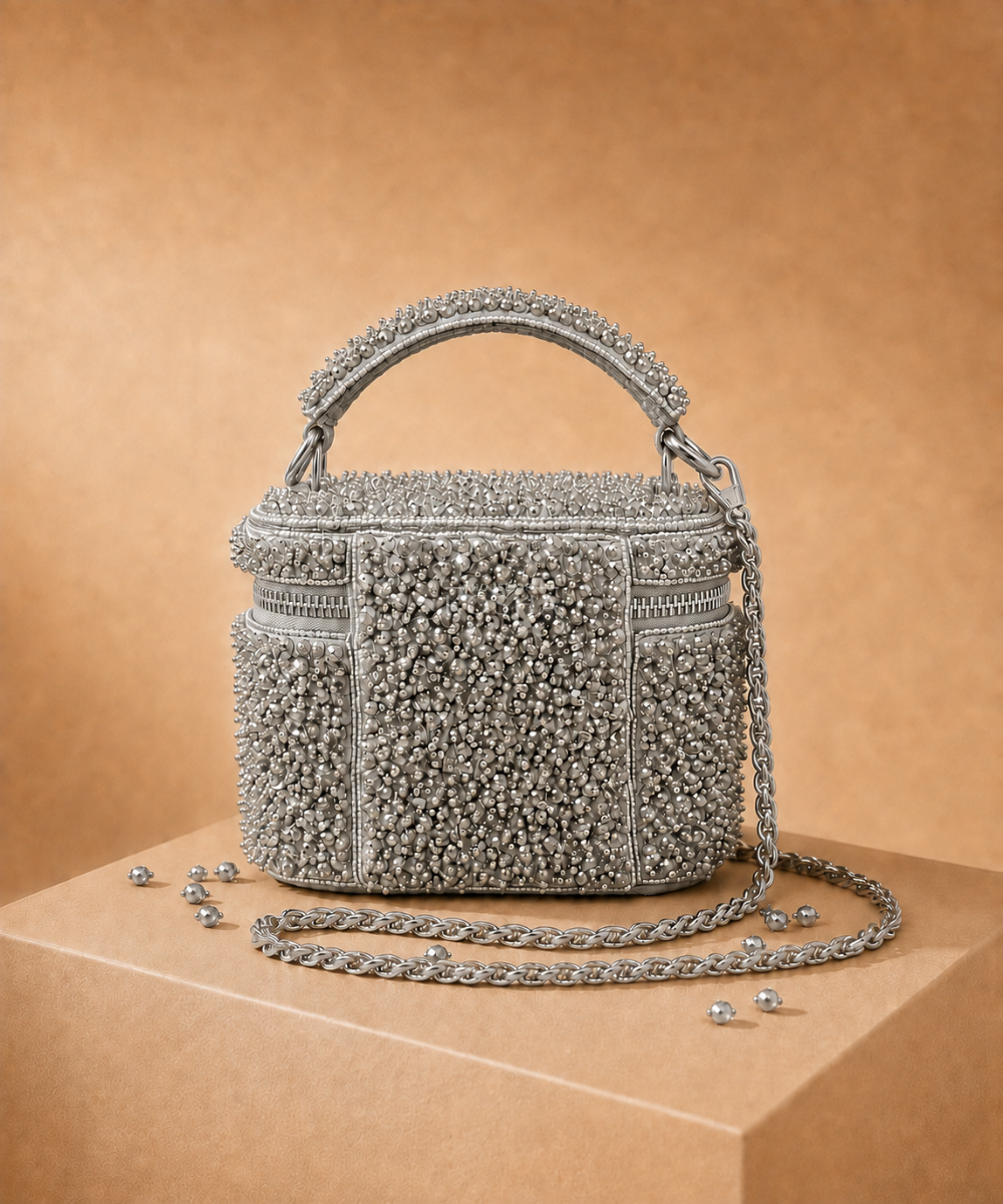 Ziya Silver Suede Embroidered Vanity Bag