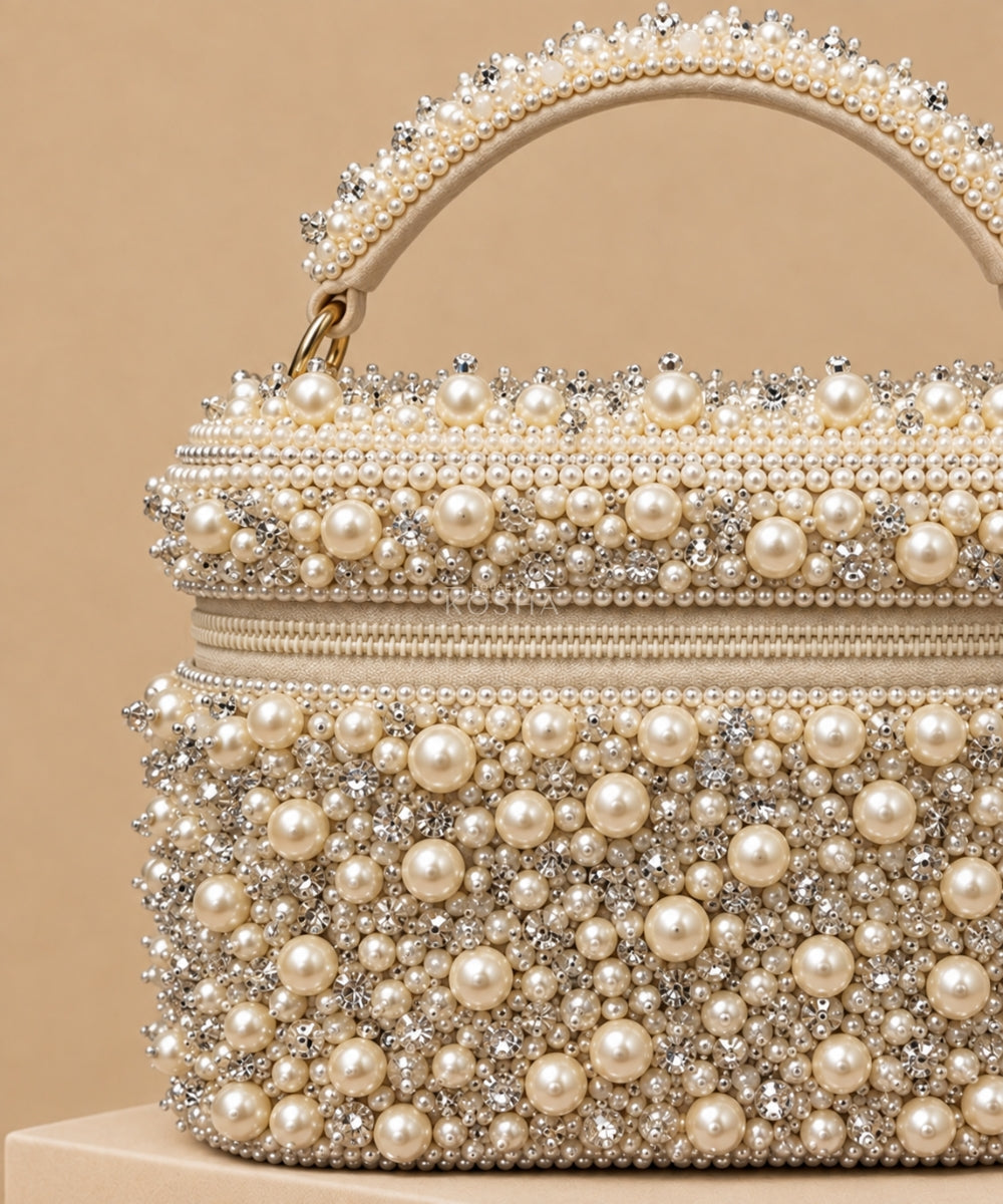 Aria Ivory Suede Pearl Embellished Vanity Bag