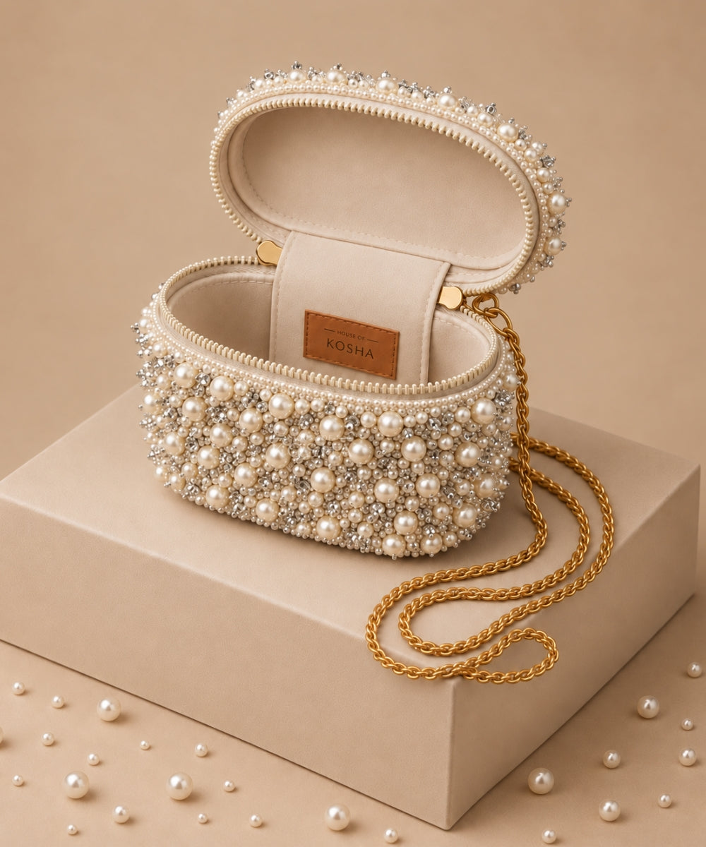Aria Ivory Suede Pearl Embellished Vanity Bag