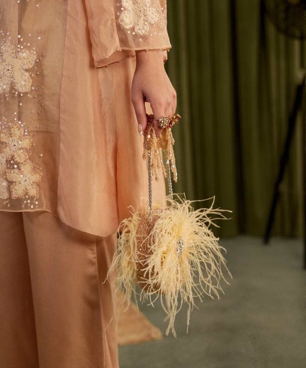 Kiraz Golden Suede Embellished Clutch - House of Kosha