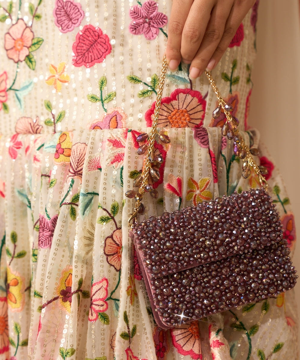 Kiyara Mauve Suede Crystal Embellished Mini Bag