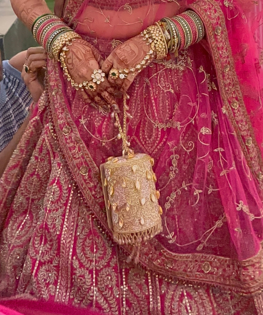 Rania Gold & Pink  Georgette Embellished Cylinder Mini Bag