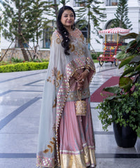 Rania Gold & Pink  Georgette Embellished Cylinder Mini Bag