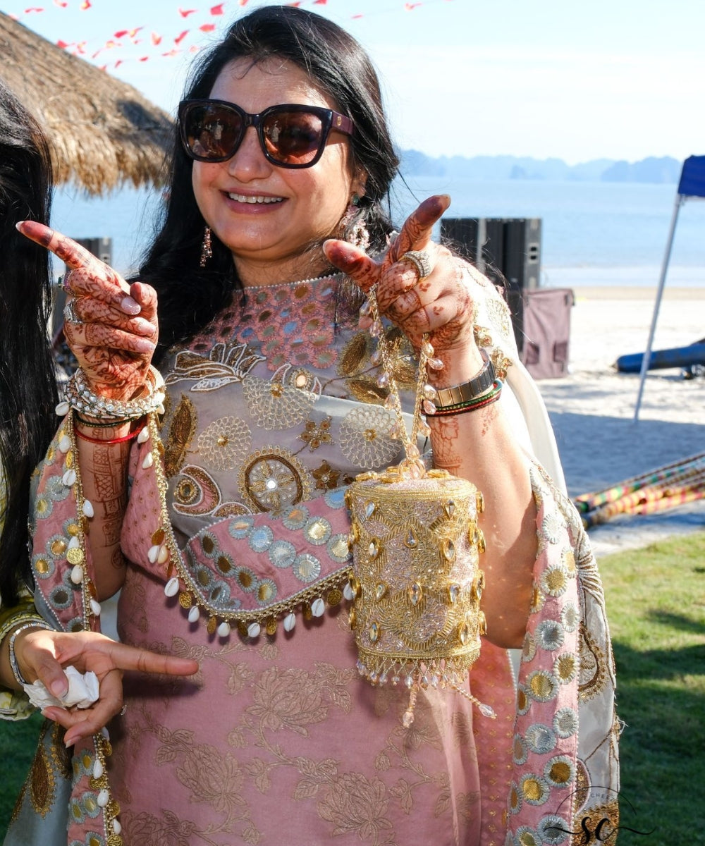 Rania Gold & Pink  Georgette Embellished Cylinder Mini Bag