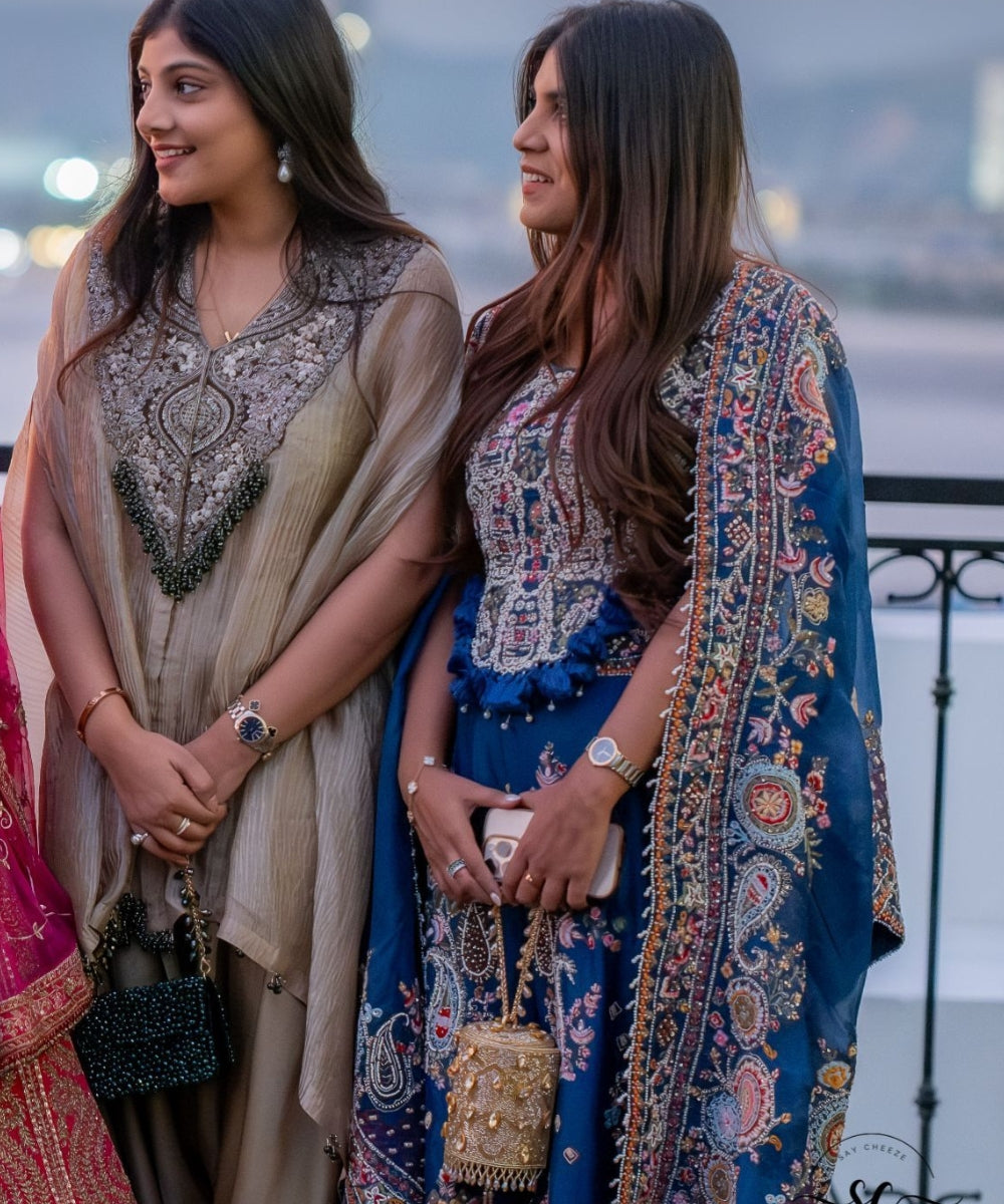 Rania Gold & Pink  Georgette Embellished Cylinder Mini Bag