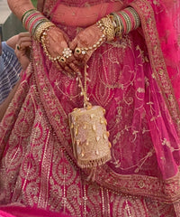 Rania Gold & Pink  Georgette Embellished Cylinder Mini Bag