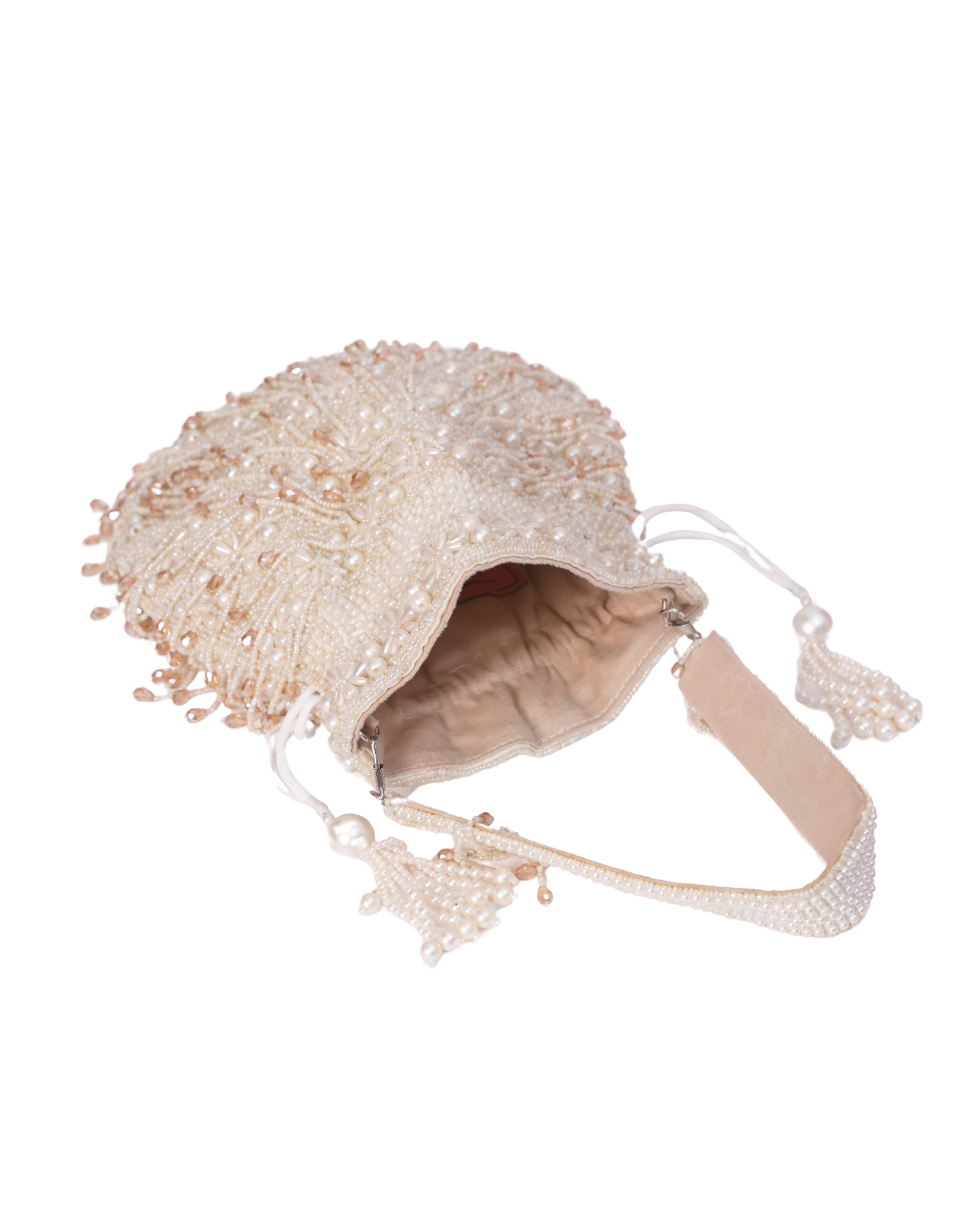 Nayera Ivory Suede Pearl Potli with Crystals