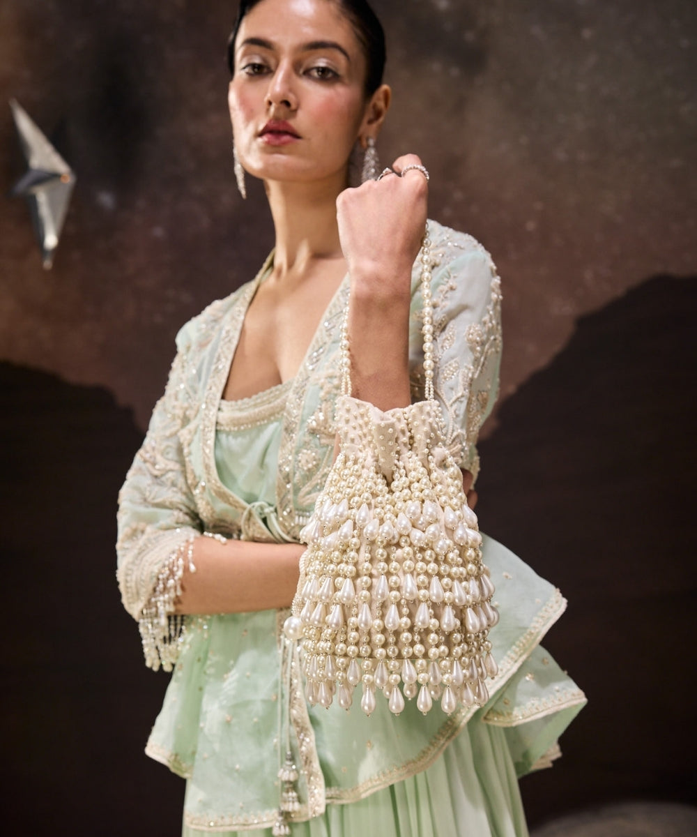 Zarah Ivory Pearl Suede Bucket Bag - House of Kosha