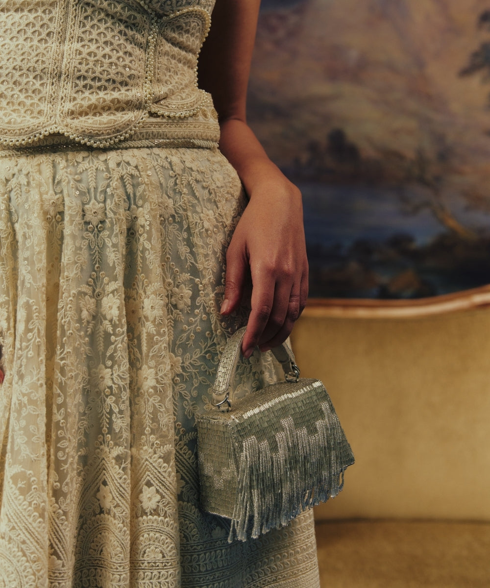 Bushra Silver Suede Handcrafted Box Bag